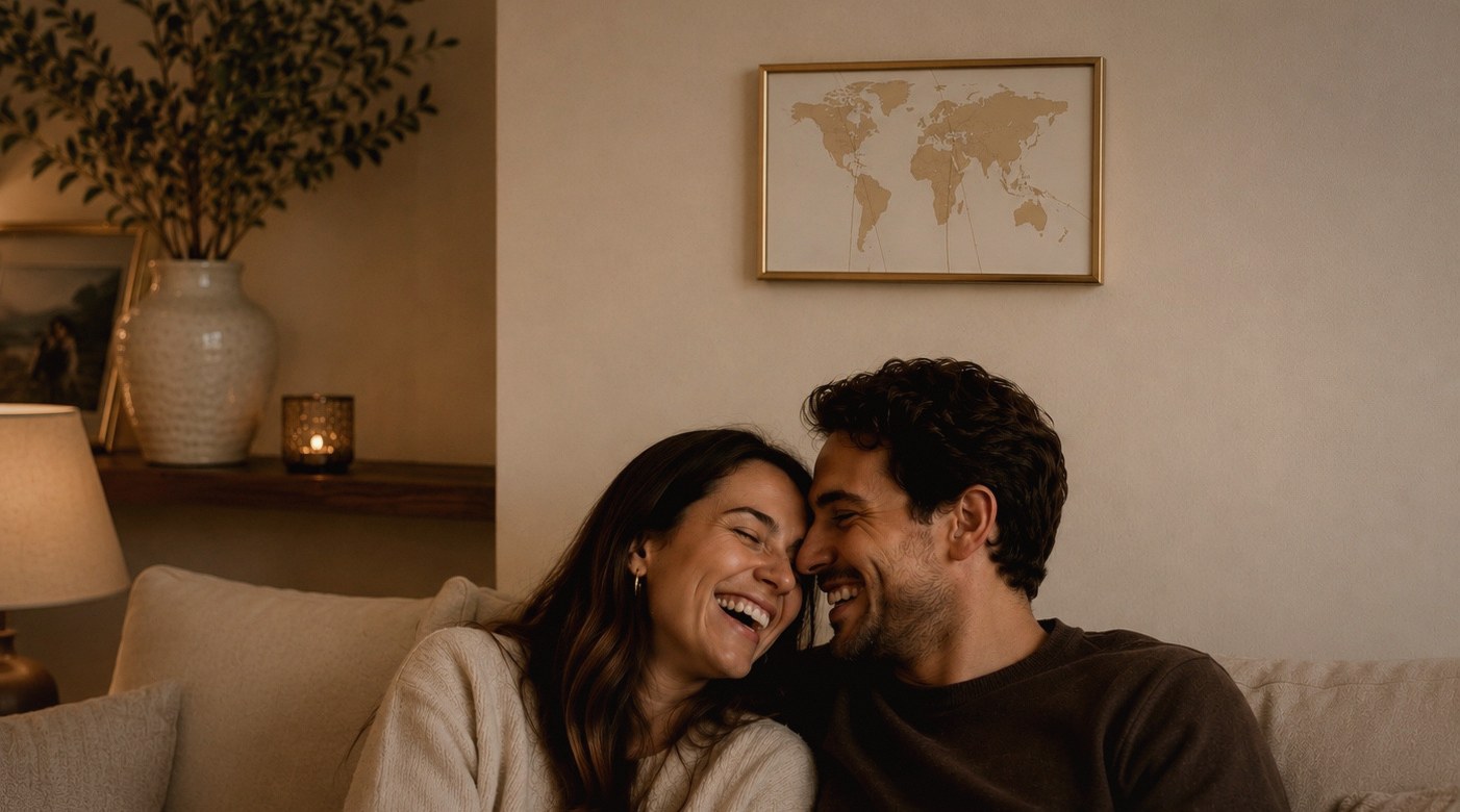 A couple at home with their framed map on the wall behind them