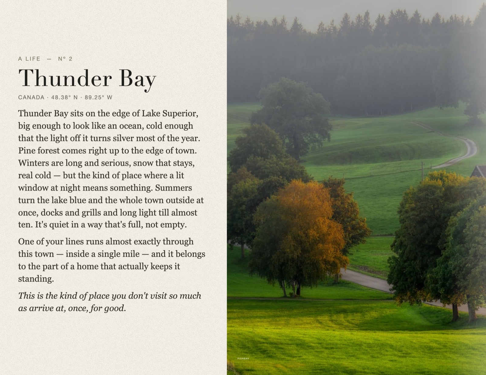 Sample keepsake page for Thunder Bay