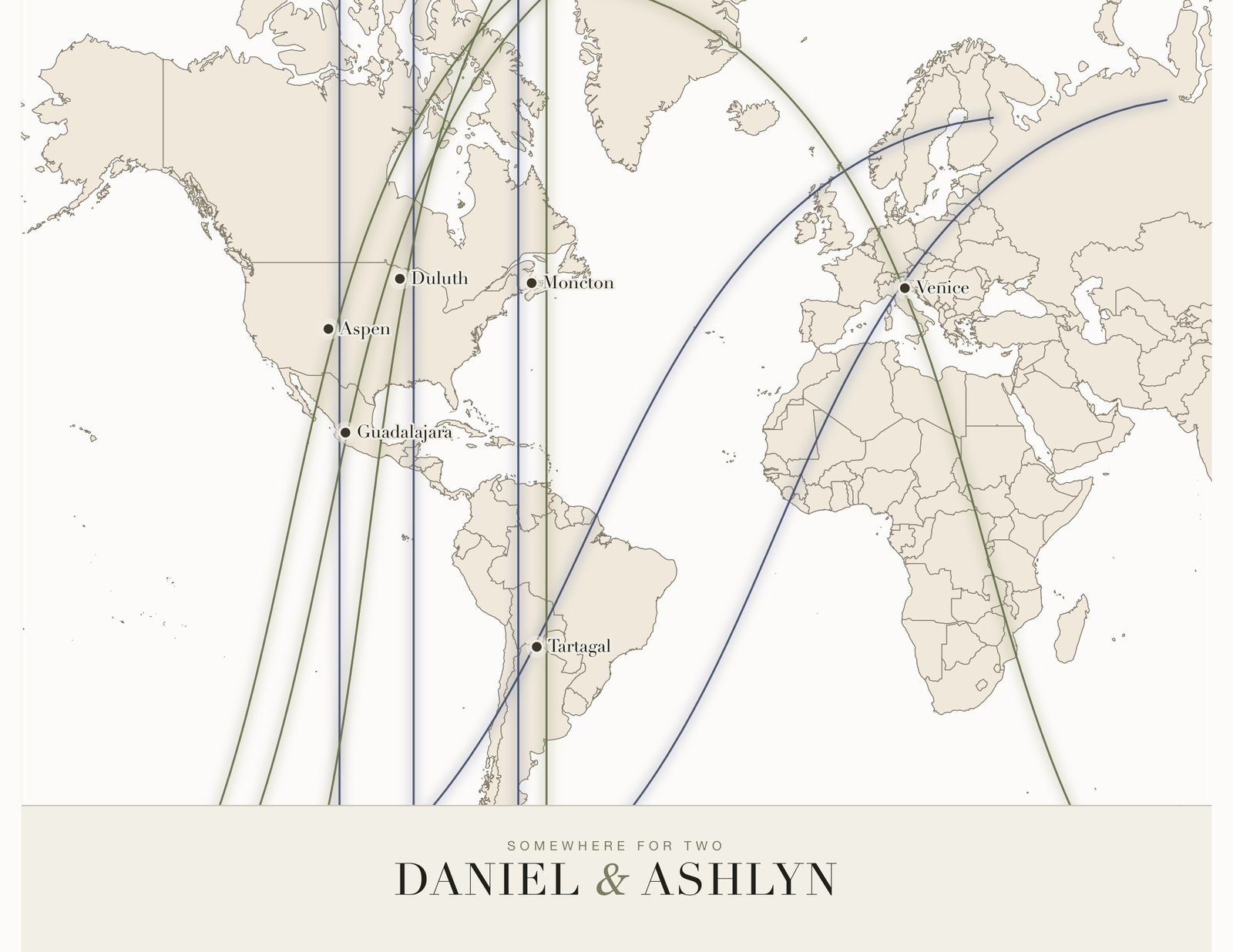 The map, printed and framed at home: both their lines drawn across the world with all six places named