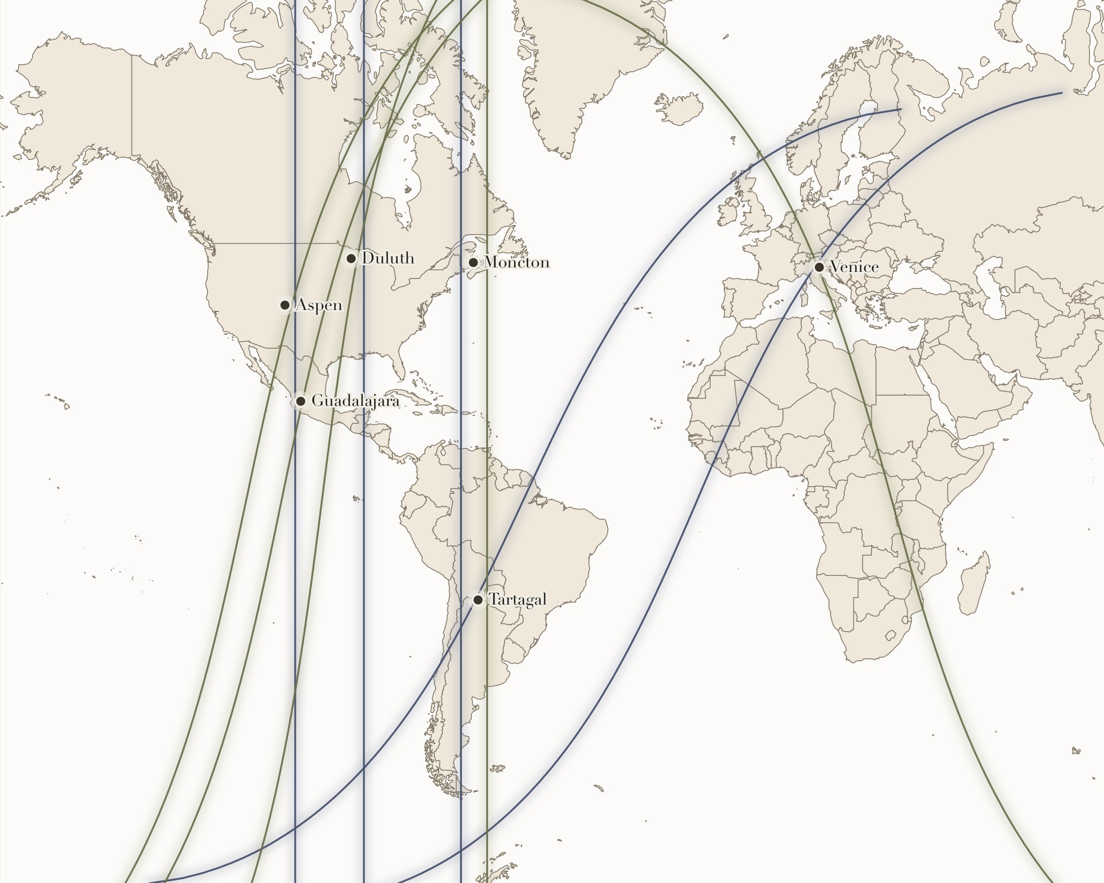 The map, printed and framed at home, both partners' planetary lines crossing over real cities