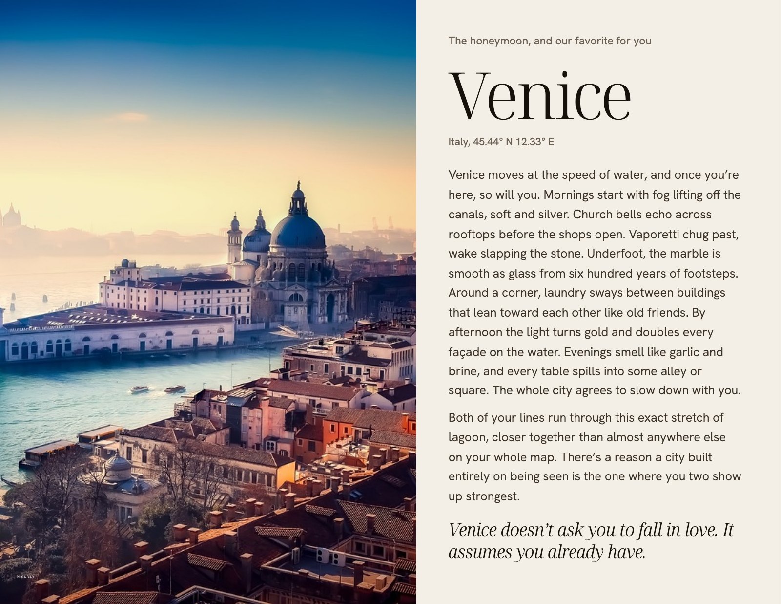 A page from Daniel and Ashlyn's keepsake: Venice, the first of their six places