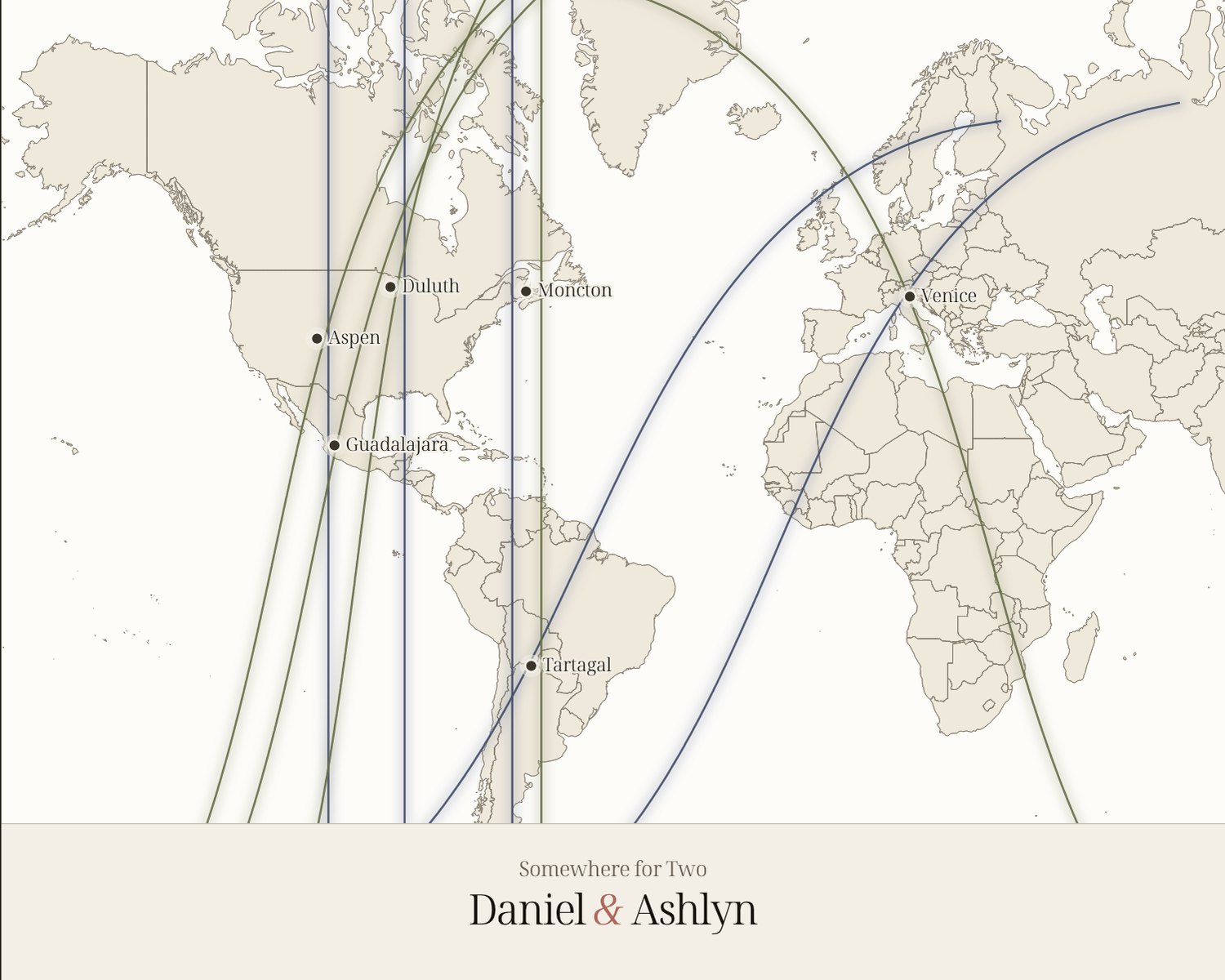 The printed map for Daniel and Ashlyn, their six places and both names at the foot